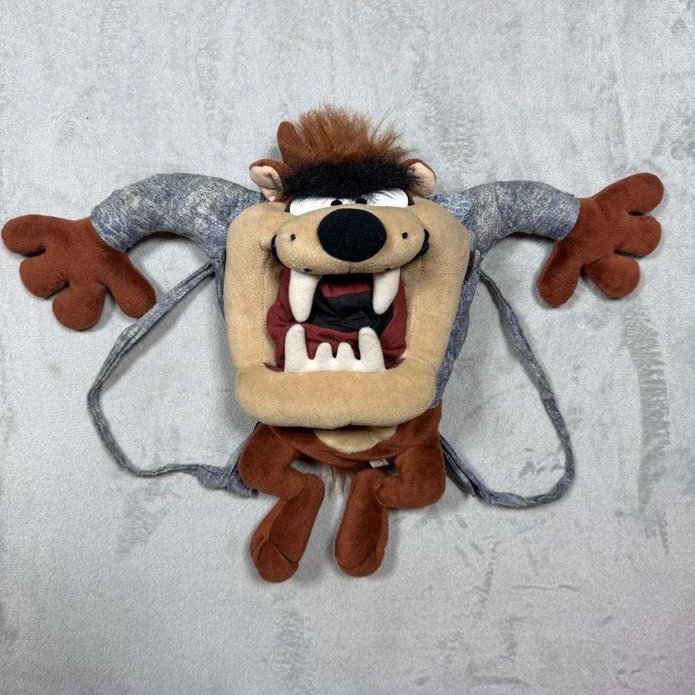 Vintage 90s Brown Blue Polyester Looney Tunes Taz Plush Backpack‎ OS